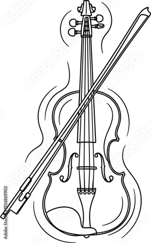 Violin musical instrument with bow outline vector illustration for classical music concert posters symphony orchestra performance education and arts design.