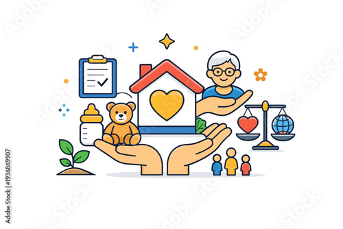 Care economy value of unpaid and emotional labor expressed through a balanced scene of home and care symbols, emphasizing recognition, equity, and social