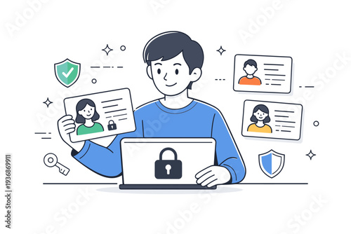 Digital identity control. A calm person managing personal profile cards on a secure digital interface. The scene communicates control, privacy, and confidence