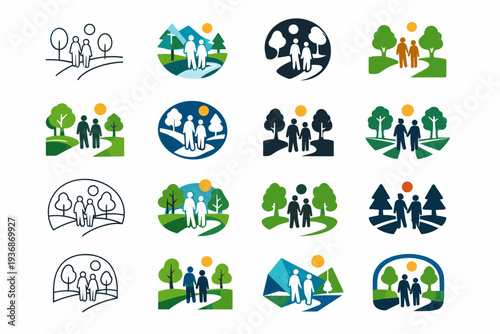 Life in different social settings. Icon set. Set Logo of Life in different social settings: people walking in park paths. harmonious logo variations of the