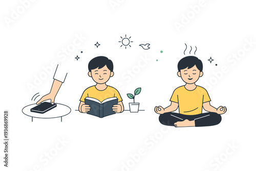 Digital detox self-care. A person putting a smartphone aside and focusing on a book or breathing exercise. Calm disconnection moment with minimal objects and