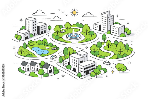 Aerial city with green spaces. A bird?s-eye view of buildings mixed with small parks and trees, showing balance between urban life and nature. Calm, positive