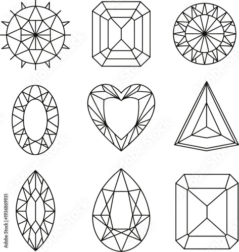 Gemstone diamond shapes set, geometric jewel cut collection including round oval heart and emerald cuts, jewelry design illustration icons