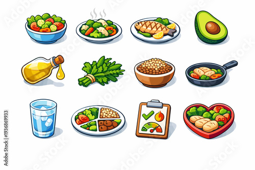 HealthyCooking. Colorful isometric vector icons set of healthy cooking: salad bowl, steamed vegetables, grilled fish, avocado half, olive oil drizzle, herbs