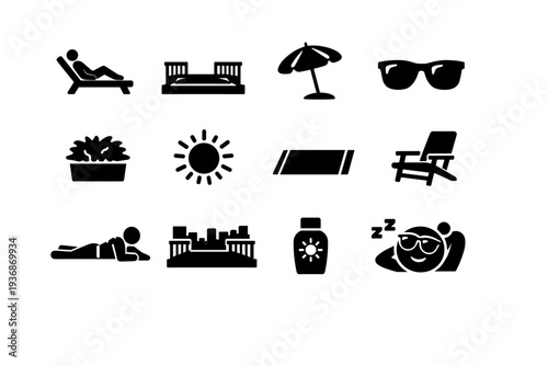 Rooftop sunbathing. Solid icon set of rooftop sunbathing: person on sun lounger, rooftop deck, sun umbrella, sunglasses icon, rooftop plant, sunny sky, laying