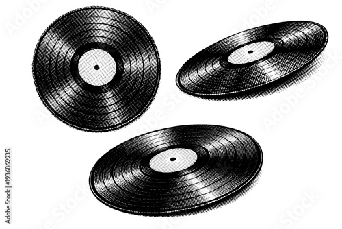 Dotted vinyl record close-up of grooves shown as a single object presented in three views: macro top view, angled view, and three-quarter view. Black and white