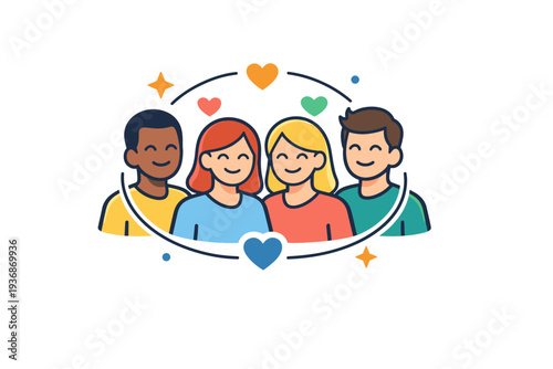 Adult friendships and belonging expressed as a small group of friends connected by gentle lines and hearts, symbolizing chosen family, trust, and emotional