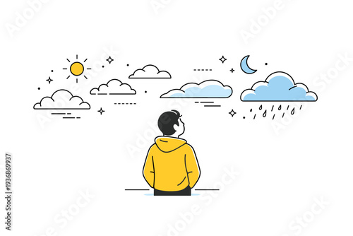 Changing atmosphere. A person looks at the sky while clouds gently transform in shape and density, showing a shift in mood and weather. The scene suggests