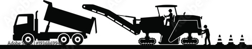 Road construction machinery with dump truck and asphalt paver, silhouette vector illustration of highway paving process and heavy equipment