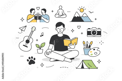 Redefining fulfillment. A modern editorial scene of a person surrounded by symbols of meaningful activities, friendships, or passions. The illustration