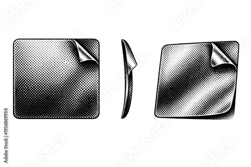 Foil halftone peel-edge sticker A foil sticker with a slightly lifted peeling corner depicted in front view, side view, and three-quarter view as a single