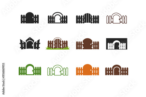 Dacha. Icon set. Set Logo of Dacha: wooden fence and gate. harmonious logo variations of the same emblematic concept, each with different artistic