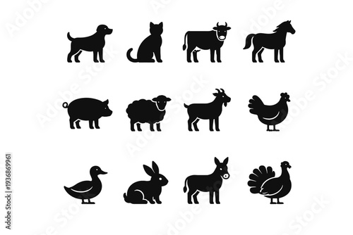 Domestic Animals. Solid icon set of domestic animals: dog, cat, cow, horse, pig, sheep, goat, chicken, duck, rabbit, donkey, turkey. Filled icons set in only