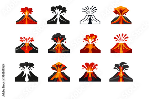 Volcanic eruption. Icon set. Set Logo of Volcanic eruption: volcano cross-section magma chamber. harmonious logo variations of the same emblematic concept,