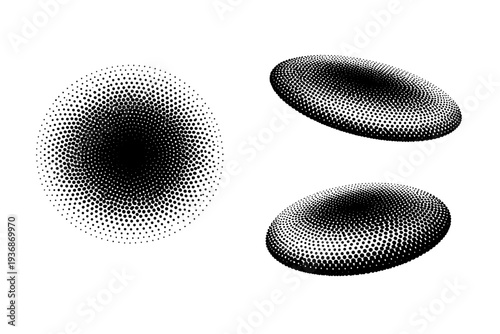 Radial dot density effect. A radial dot density effect tile is presented in three views: centered top view, rotated side view, and three-quarter angled view,