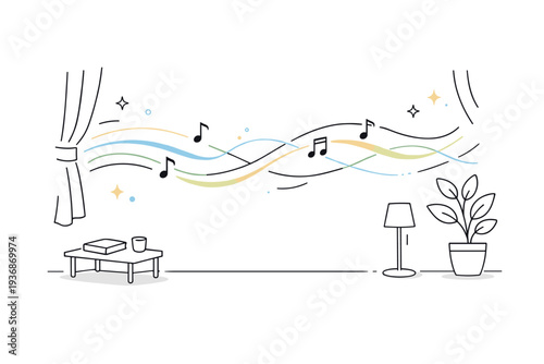 Music playing unseen in a quiet room. Empty space with gentle sound lines drifting across, curtains or plants slightly suggested by motion. Invisible music