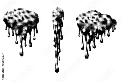 Halftone drip splatter form A dripping splatter form shown in front view, side view, and three-quarter view with gravity-defined edges. Black and white dot