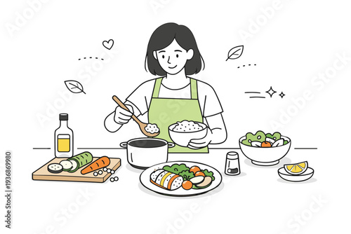 Healthy eating lifestyle people. Person preparing a balanced meal with vegetables and grains on a clean kitchen counter. Calm routine, mindful choices, and