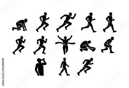 Running silhouette icons showing different stages of a race and training