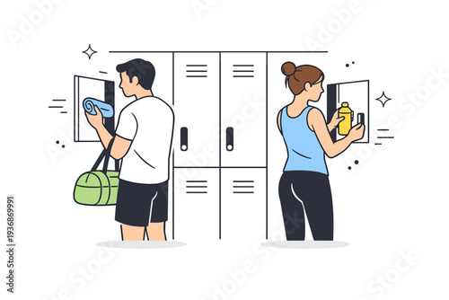 Personal space in public. Two individuals using adjacent gym lockers, turned slightly away from each other. Subtle awareness of boundaries during everyday