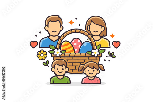 Easter family celebration warm holiday gathering centered on a decorated Easter egg basket as the main symbol, with small hearts and spring flowers expressing