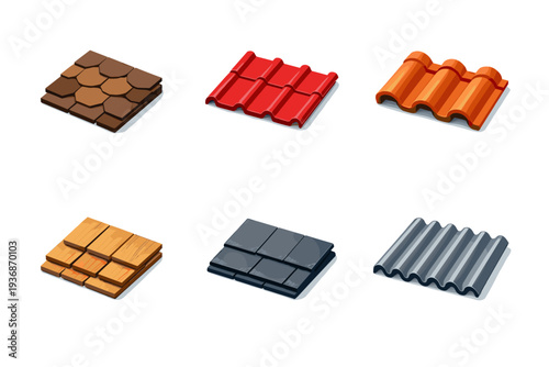 Roofing materials. Isometric flat vector icons set of roofing materials: asphalt shingles, metal roofing panel, clay roof tile, wooden shingle, slate tile,