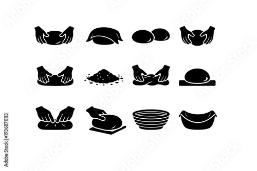 Making sourdough bread at home. Solid icon set of Making sourdough bread at home: dough shaping, bench rest, pre shaped dough, boule shaping, batard shaping,