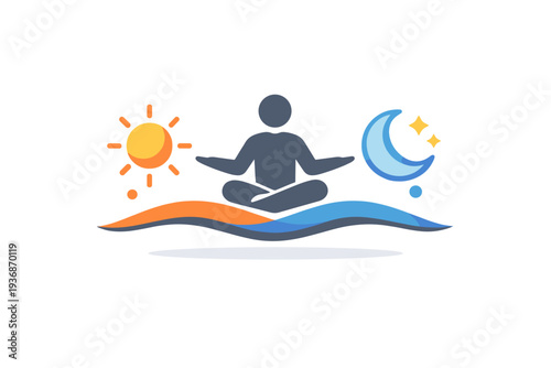 Circadian rhythm illustrating natural daily cycles of energy and rest, shown through a simple human figure balanced between sun and moon symbols in a calm