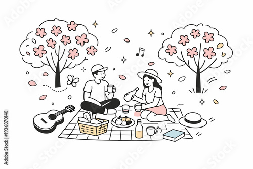 spring blossoms picnic. A small picnic scene under blossoming trees, abstract petals and stars floating around, cheerful and calm outdoor activity. Minimalist