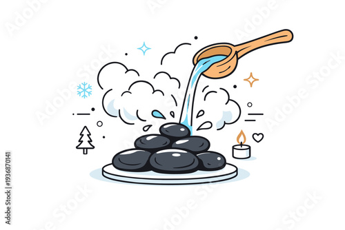 Winter spa and sauna relaxation. A minimal close-up of hot stones with water being poured, steam clouds softly expanding, focused ritual moment and soothing