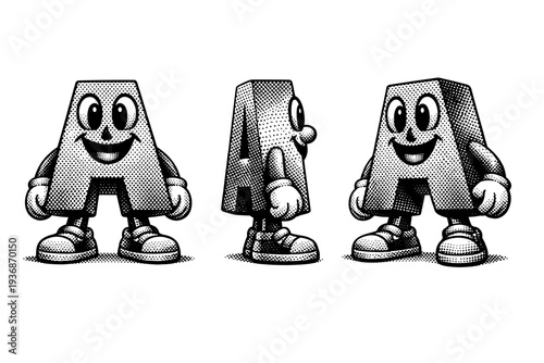Dot lettering character with bold three-dimensional letterform shown from front view, side view, and three-quarter view as a single object set with realistic