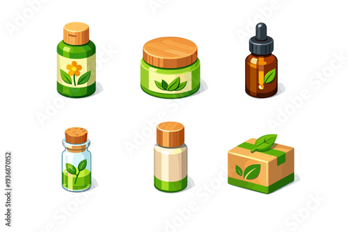 Natural haircare. Isometric flat vector icons set of Natural haircare: botanical shampoo bottle, herbal conditioner jar, essential oil dropper, plant extract