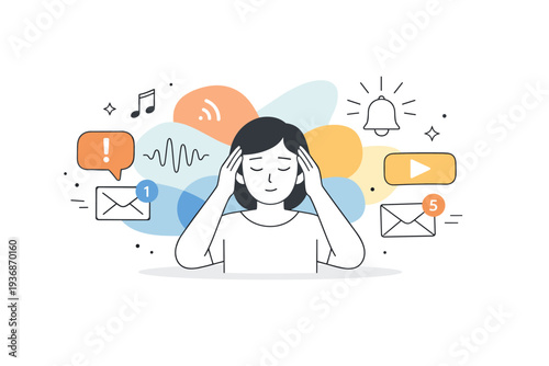 Sensory overload concept. A calm editorial scene of a person surrounded by multiple stimuli like sounds, lights, and notifications visualized as soft abstract