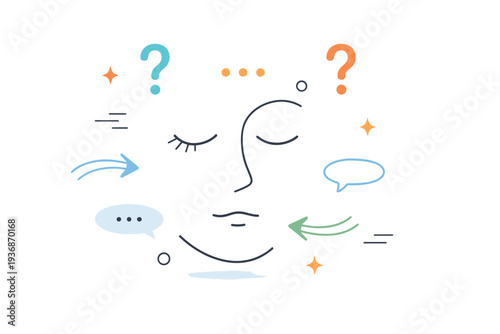 Thinking without conclusion. Abstract face with gentle curves and floating symbols?question marks, ellipses, soft arrows?drifting without connection. Visual