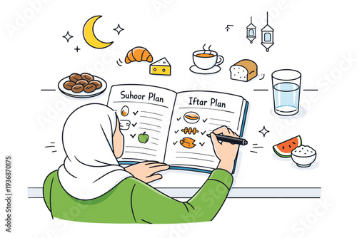 Ramadan meal planning notebooks. A person sitting at a clean table, writing suhoor and iftar plans in a notebook with simple food icons around. Calm organized