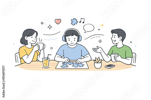 Everyday inclusion. Autistic person participating comfortably in a daily activity with others nearby. Sense of belonging and quiet support, gentle motion lines