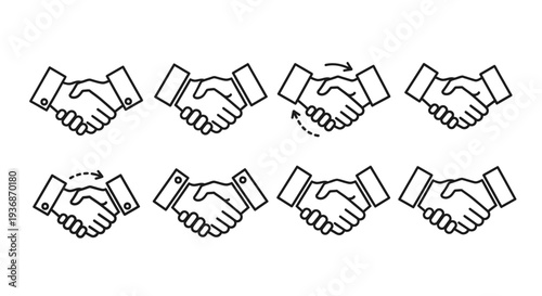 Multiple line art depictions of handshakes representing agreements and partnerships