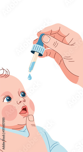 A person's hand carefully administers a single drop of liquid from a blue-tipped dropper into the open mouth of an infant with blue eyes on a clean white background.