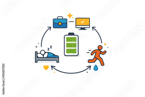 Energy management shown as a balanced daily rhythm with icons of work rest and movement arranged around a central battery symbol. The illustration conveys