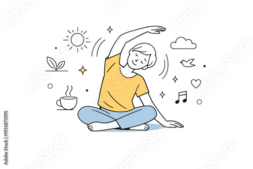 Mindful morning stretch. A person doing light stretching or yoga, waking up the body gently. Calm movement-focused scene with soft motion lines and abstract