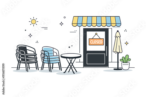 Closed cafes daytime. Empty outdoor cafe scene with stacked chairs and a closed sign on the door, sunlight casting long soft shadows. Stillness and quiet in a