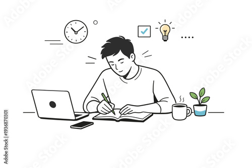 Focus and productivity. A person working deeply at a desk with distractions minimized. Quiet concentration mood with subtle focus lines and clean surroundings.