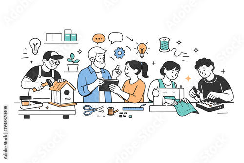 Community manufacturing and workshops. Small local workshop with people assembling products and sharing skills, expressing collaboration and craftsmanship.