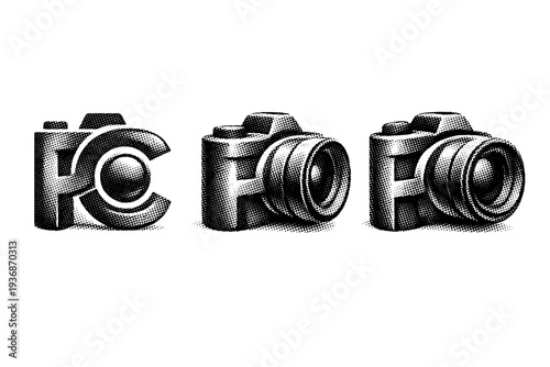 Photographer monogram logo. A realistic photographer monogram logo shown as a single object from three different angles: front view, side view, and