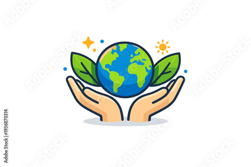 Save the planet concept centered on a small Earth protected by leaves and gentle hands, expressing care, responsibility, and collective action. The scene feels