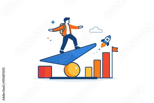 Startup culture and entrepreneurship representing risk taking and stepping into uncertainty with confidence. A modern symbolic scene balancing instability and