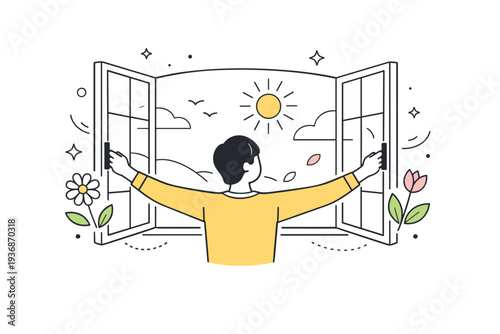 First day of spring. A person opening a window to let in sunlight and fresh air, with subtle floral elements appearing. The mood feels fresh, optimistic, and