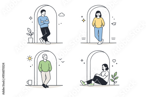 People framed by arches. A person leaning or standing inside an arch, relaxed posture and neutral mood. Shelter and openness, gentle pause, architectural calm.