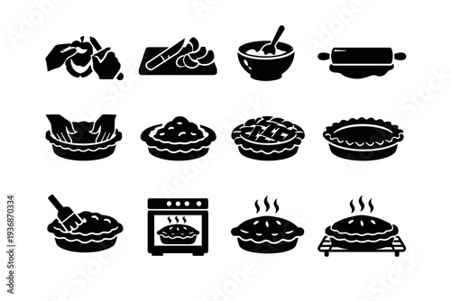 Pie Preparation Process. Solid icon set of Pie Preparation Process: peeling apples, slicing apples, mixing filling, rolling dough, lining pie dish, filling pie
