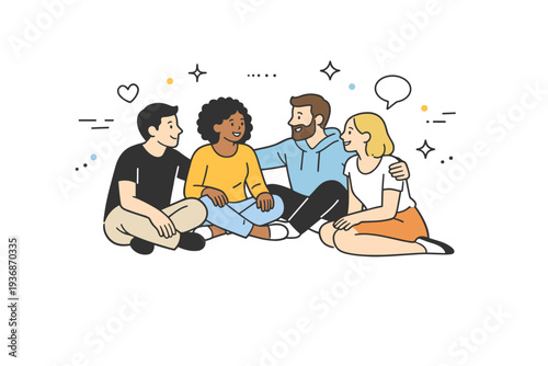 Chosen family concept. A small group of people sitting together in a relaxed circle, sharing conversation and comfort. Warm editorial scene about belonging,